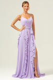 Lilac A Line Spaghetti Straps Chiffon Long Ruffled Bridesmaid Dress with Slit