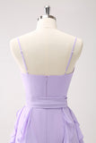 Lilac A Line Ruched Chiffon Ruffle Long Bridesmaid Dress with Slit