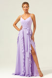 Lilac A Line Spaghetti Straps Chiffon Long Ruffled Bridesmaid Dress with Slit