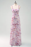 Stylish Grey Purple Sheath Ruched Print Floral Bridesmaid Dress with Ruffles