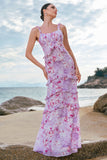 Stylish Grey Purple Sheath Ruched Print Floral Bridesmaid Dress with Ruffles