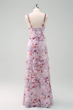 Stylish Grey Purple Sheath Ruched Print Floral Bridesmaid Dress with Ruffles