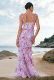 Stylish Grey Purple Sheath Ruched Print Floral Bridesmaid Dress with Ruffles