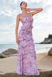 Stylish Grey Purple Sheath Ruched Print Floral Bridesmaid Dress with Ruffles