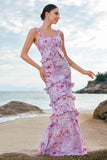 Stylish Grey Purple Sheath Ruched Print Floral Bridesmaid Dress with Ruffles