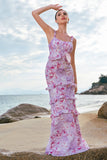 Stylish Grey Purple Sheath Ruched Print Floral Bridesmaid Dress with Ruffles