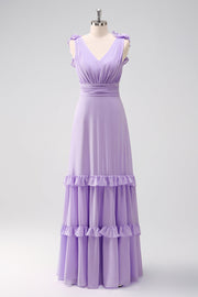 Lilac A Line V Neck Ruched Chiffon Long Bridesmaid Dress with Ruffles