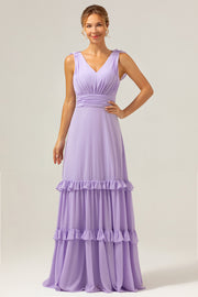 A Line V Neck Ruched Chiffon Long Lilac Bridesmaid Dress with Ruffles