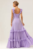 A Line V Neck Ruched Chiffon Long Lilac Bridesmaid Dress with Ruffles