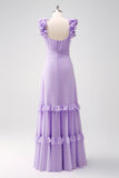 Lilac A Line V Neck Ruched Chiffon Long Bridesmaid Dress with Ruffles