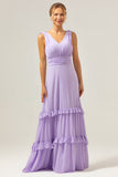 A Line V Neck Ruched Chiffon Long Lilac Bridesmaid Dress with Ruffles