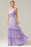 A Line V Neck Ruched Chiffon Long Lilac Bridesmaid Dress with Ruffles