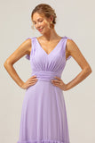 A Line V Neck Ruched Chiffon Long Lilac Bridesmaid Dress with Ruffles