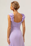 A Line V Neck Ruched Chiffon Long Lilac Bridesmaid Dress with Ruffles