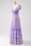 Lilac A Line V Neck Ruched Chiffon Long Bridesmaid Dress with Ruffles