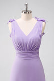 Lilac A Line V Neck Ruched Chiffon Long Bridesmaid Dress with Ruffles