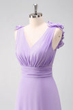 Lilac A Line V Neck Ruched Chiffon Long Bridesmaid Dress with Ruffles