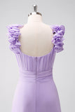 Lilac A Line V Neck Ruched Chiffon Long Bridesmaid Dress with Ruffles