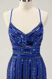 Stylish Sparkly Royal Blue Tight Lace Up Back Sequin Homecoming Dress with Beading