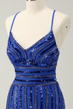 Stylish Sparkly Royal Blue Tight Lace Up Back Sequin Homecoming Dress with Beading