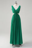 Green A-Line V Neck Pleated Chiffon Hollow Out Knee Length Bridesmaid Dress