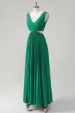 Green A-Line V Neck Pleated Chiffon Hollow Out Knee Length Bridesmaid Dress