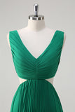 Green A-Line V Neck Pleated Chiffon Hollow Out Knee Length Bridesmaid Dress