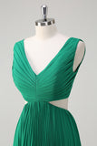 Green A-Line V Neck Pleated Chiffon Hollow Out Knee Length Bridesmaid Dress