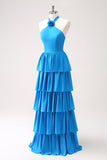 Blue A Line Halter Tiered Chiffon Long Bridesmaid Dress with Flower