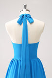 Blue A Line Halter Tiered Chiffon Long Bridesmaid Dress with Flower