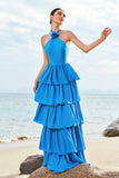 A-Line Halter Tiered Chiffon Floor Length Blue Bridesmaid Dress with Flower