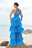 A-Line Halter Tiered Chiffon Floor Length Blue Bridesmaid Dress with Flower