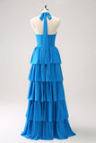 Blue A Line Halter Tiered Chiffon Long Bridesmaid Dress with Flower