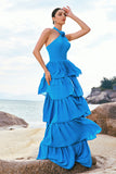 A-Line Halter Tiered Chiffon Floor Length Blue Bridesmaid Dress with Flower