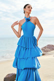 A-Line Halter Tiered Chiffon Floor Length Blue Bridesmaid Dress with Flower