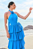 A-Line Halter Tiered Chiffon Floor Length Blue Bridesmaid Dress with Flower