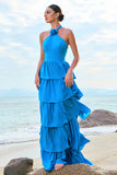 A-Line Halter Tiered Chiffon Floor Length Blue Bridesmaid Dress with Flower