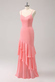 Pink Mermaid Spaghetti Straps Long Bridesmaid Dress with Ruffles