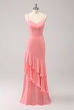 Pink Mermaid Spaghetti Straps Long Bridesmaid Dress with Ruffles