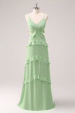 Light Green A Line Spaghetti Straps Hollow Out Long Bridesmaid Dress with Slit