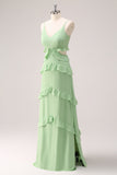 Light Green A Line Spaghetti Straps Hollow Out Long Bridesmaid Dress with Slit