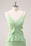 Light Green A Line Spaghetti Straps Hollow Out Long Bridesmaid Dress with Slit