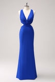 Royal Blue Mermaid Cut Out Ruched Backless Long Bridesmaid Dress