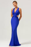 Royal Blue Mermaid Cut Out Ruched Backless Long Bridesmaid Dress