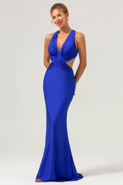 Mermaid Cut Out Ruched Backless Long Royal Blue Bridesmaid Dress