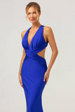 Mermaid Cut Out Ruched Backless Long Royal Blue Bridesmaid Dress