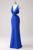 Royal Blue Mermaid Cut Out Ruched Backless Long Bridesmaid Dress