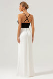 Black and White Sheath Spaghetti Straps Long Formal Dress With Front Split