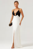 Black and White Sheath Spaghetti Straps Long Formal Dress With Front Split