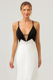 Black and White Sheath Spaghetti Straps Long Formal Dress With Front Split